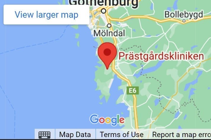 Karta som visar Prästgårdskliniken i Vallda, söder om Göteborg