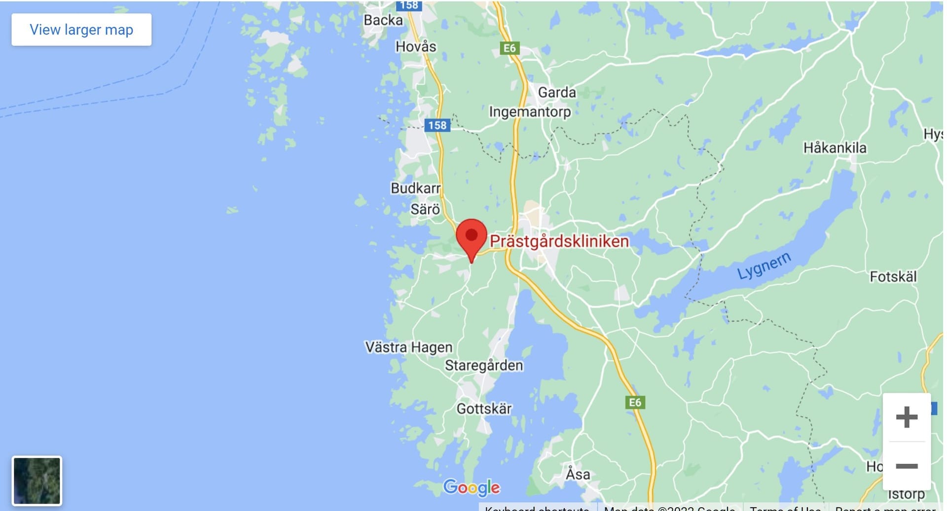 Karta som visar Prästgårdskliniken i Vallda, söder om Göteborg